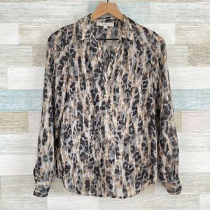 LOFT Sheer Animal Print Popover Blouse Brown Gray Collar Lightweight Womens XS